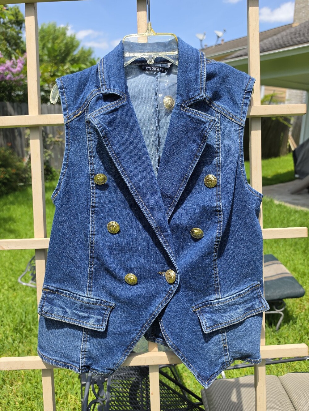 Double-Breasted Denim Vest in Dark Blue with Gold Buttons Small